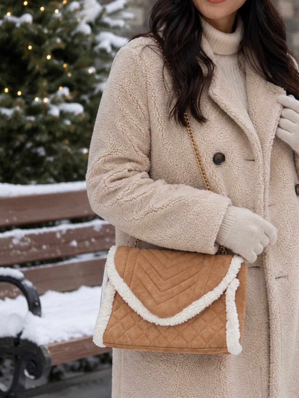 Urban Expressions Quilted Tan Bag with Shearling Trim
